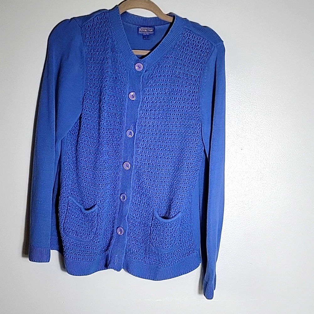 Pendleton Cardigan Sweater Jumper Womens Size Large Blue Cotton Blend Open Knit